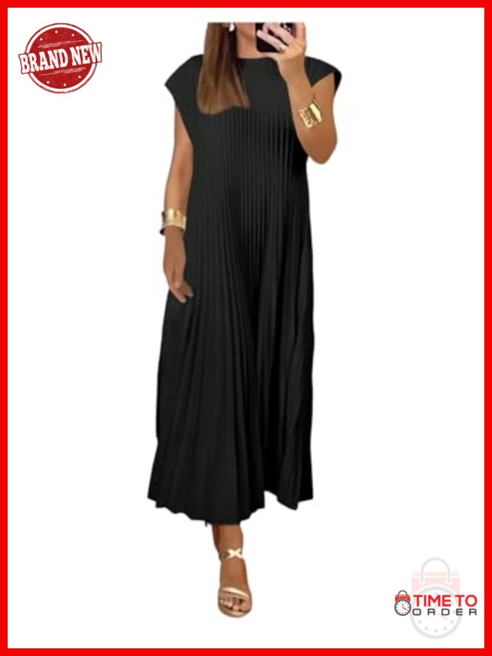 Pleated Maxi Dress Cap Sleeve Crew Neck Loose Fit Casual Wedding Guest